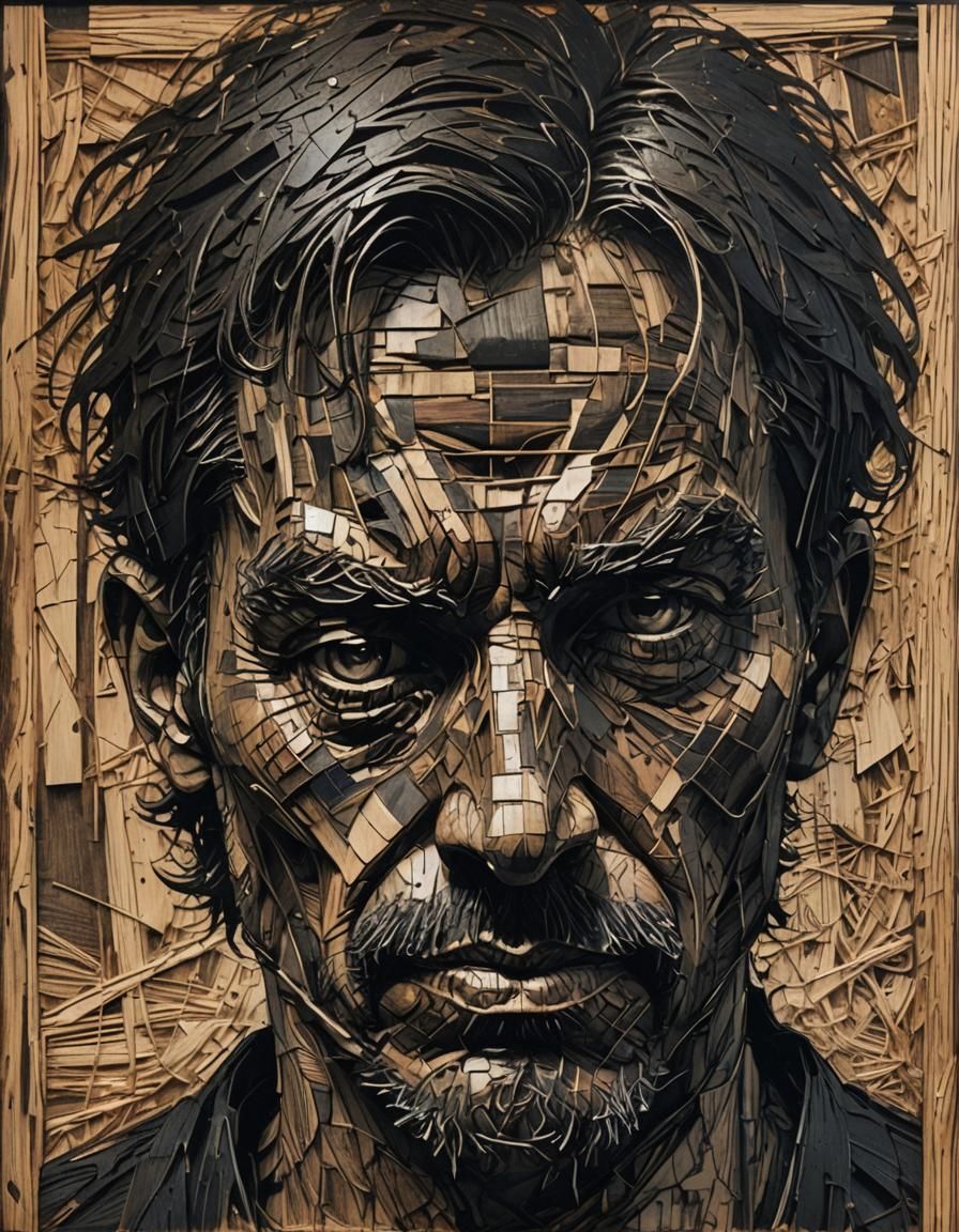 Brooding Face in Dark Scribbles on Wood