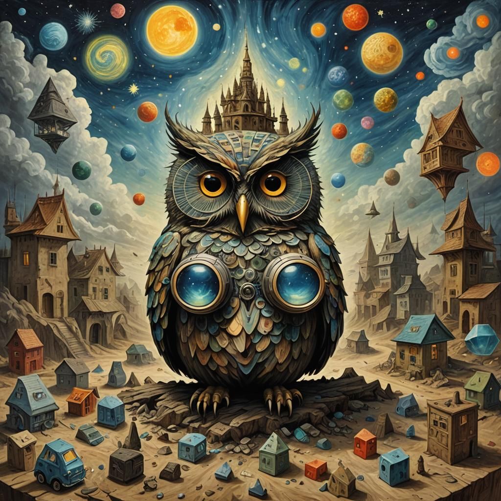 Owl Namaste in Surreal Futuristic Dreamscape