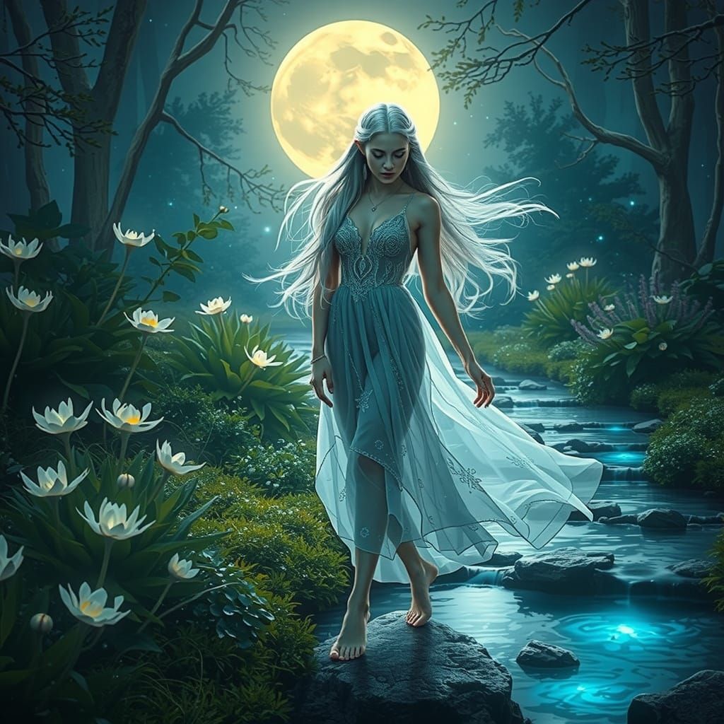 Bioluminescent Garden: Elven Maiden in Moonlight