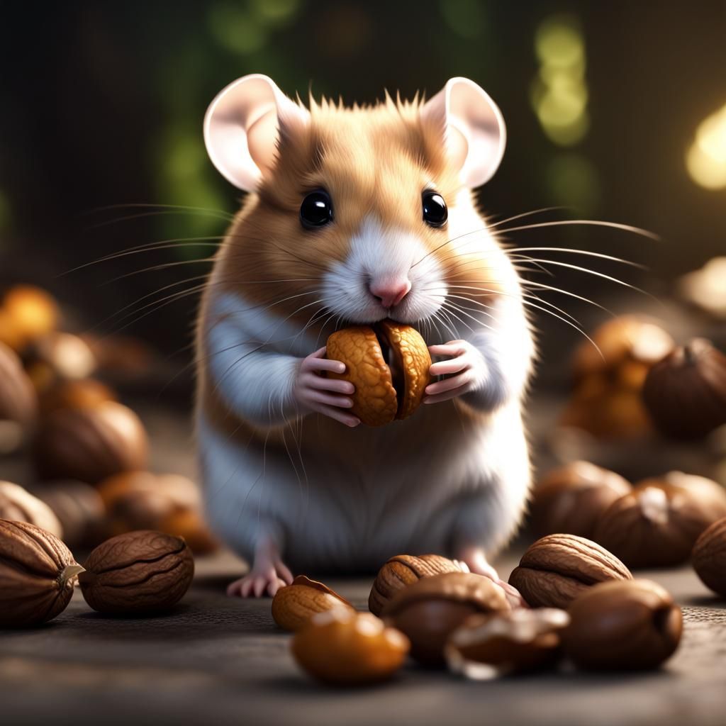 Transparent Hamster Eating a Walnut: Detailed Matte Painting