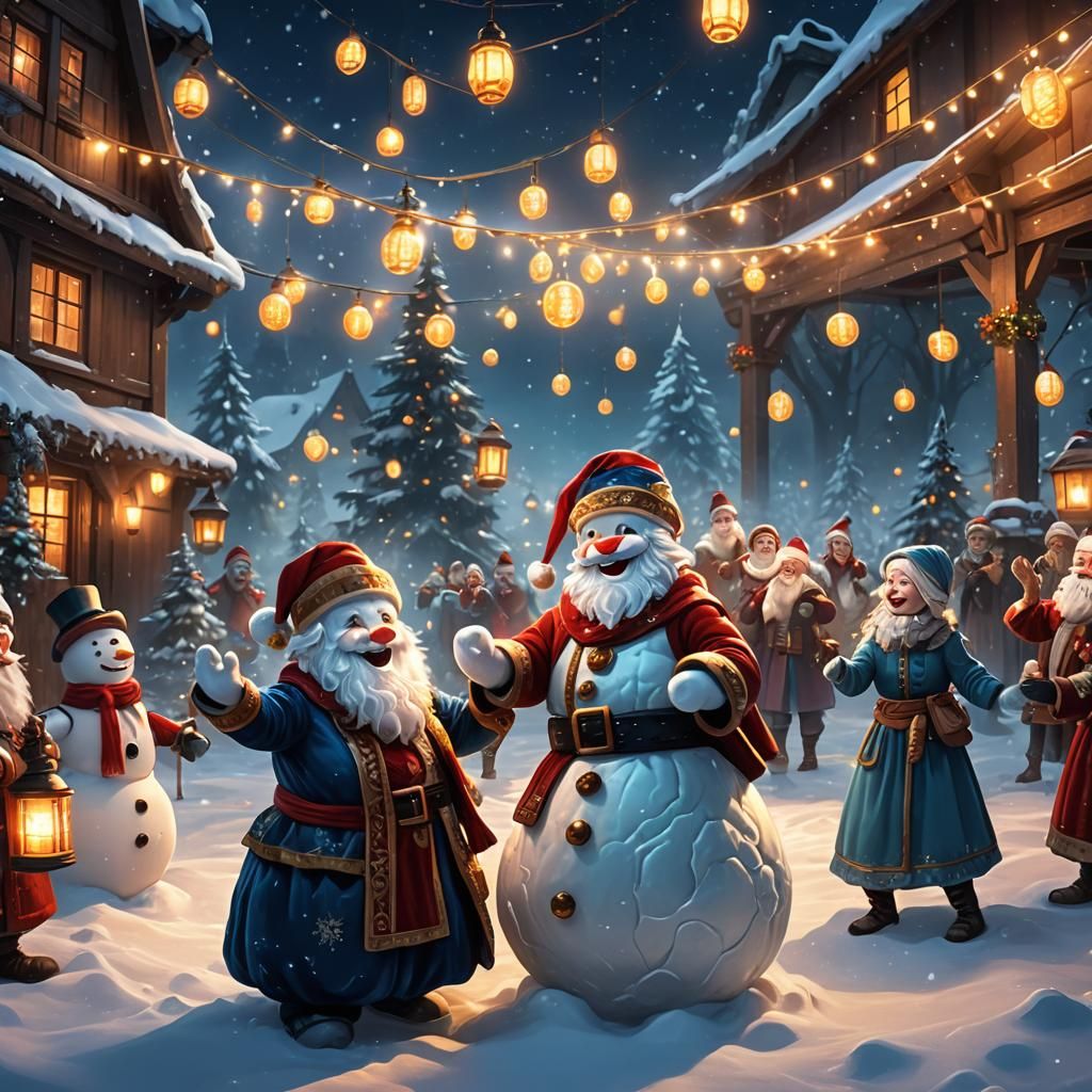 Snowmen and Santa Claus Christmas Party: Fantasy Concept Art