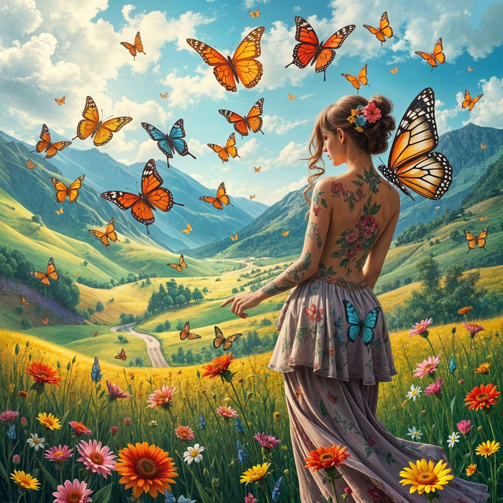 Fantasy Fairytale Butterflies Dance in a Flowery Meadow