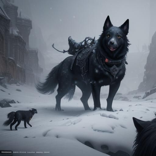 Black Dog Howling in Snowy Landscape