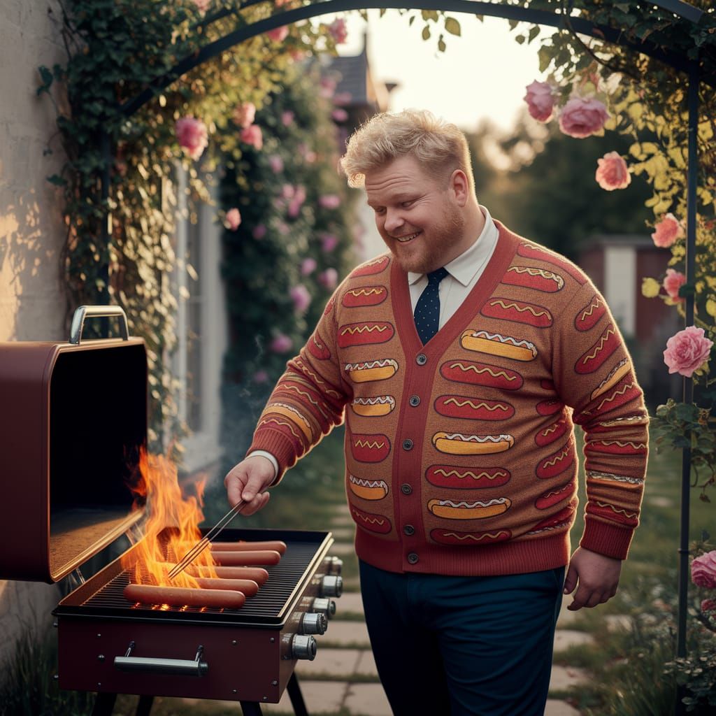 Man Grilling Hotdogs in Rockwell Style