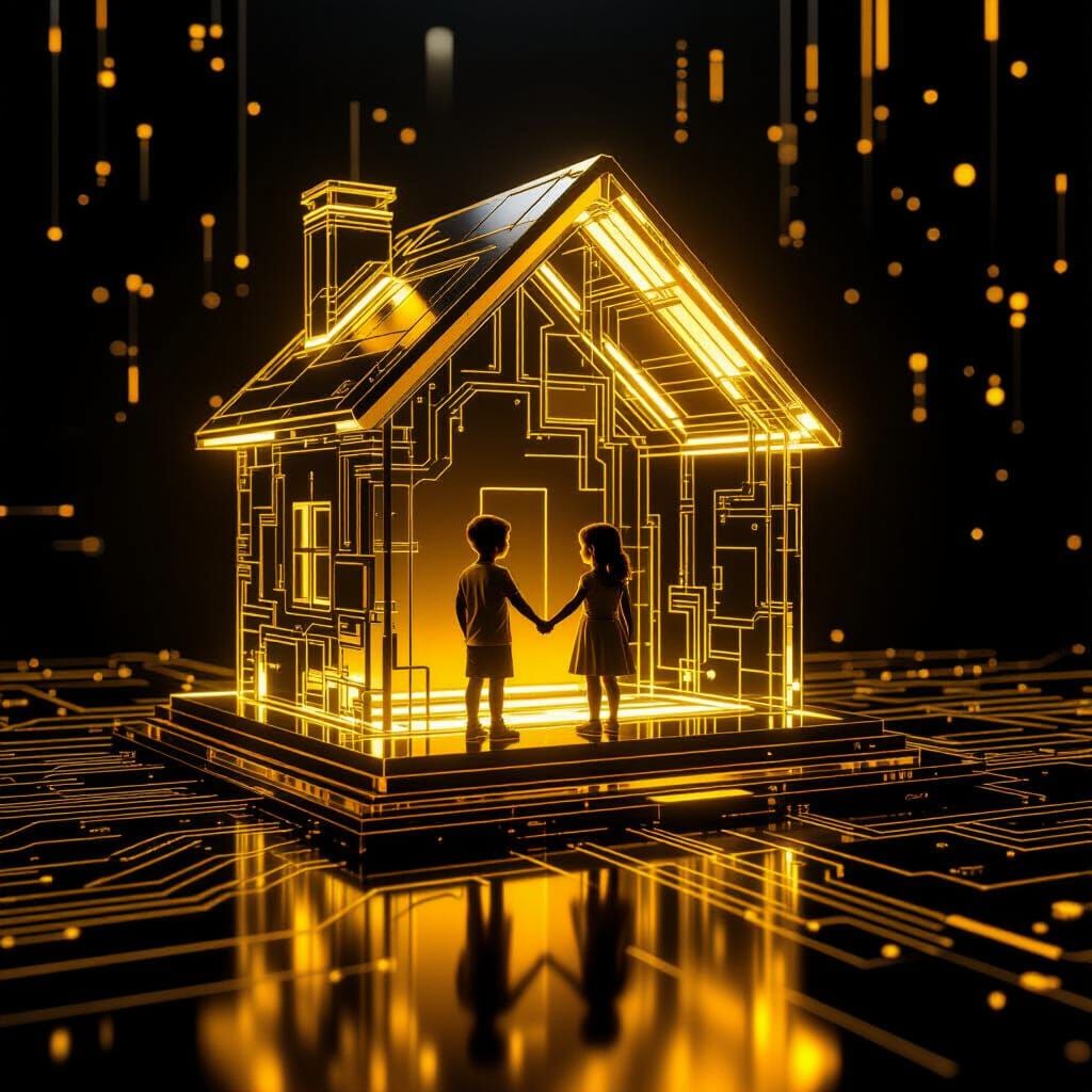 Cyberpunk Gold House Logo with Children in 3D Engraving