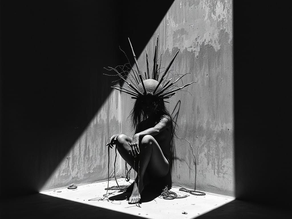 Surreal Figure in Shadowy Landscape