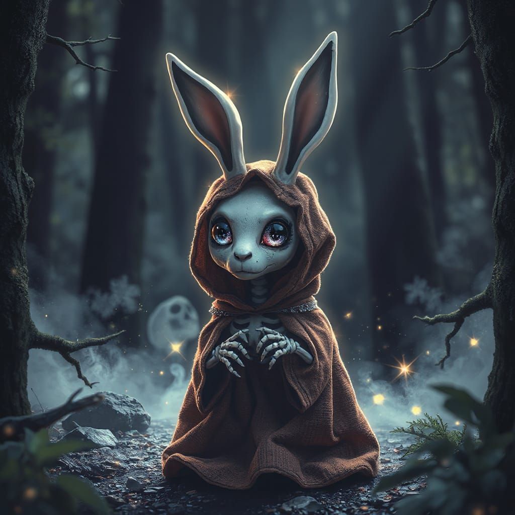 Whimsical Dark Fantasy Skeleton Creature in a Haunting Fores...