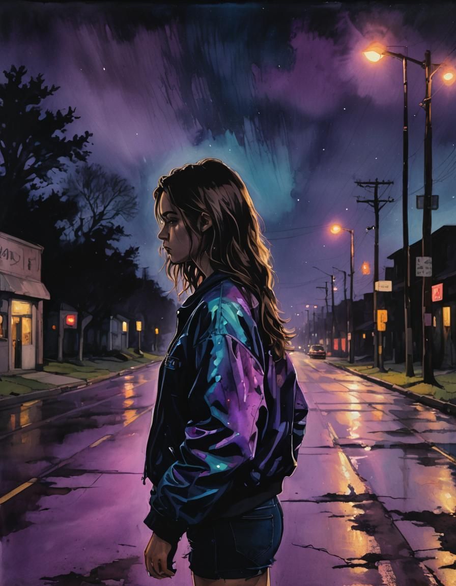 Eerie Woman on Deserted Road at Night