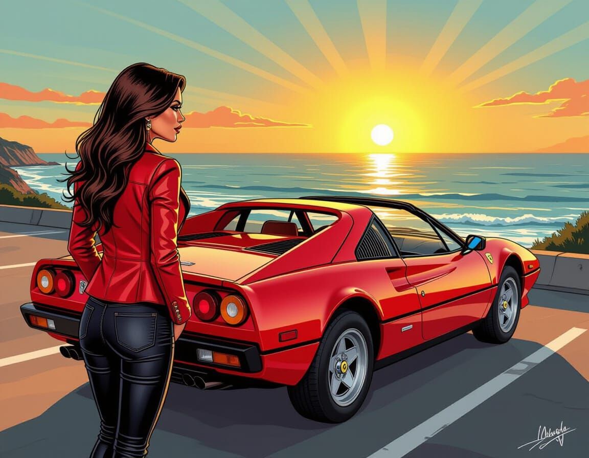 Brunette in Leather Leans on Ferrari: Comic Art
