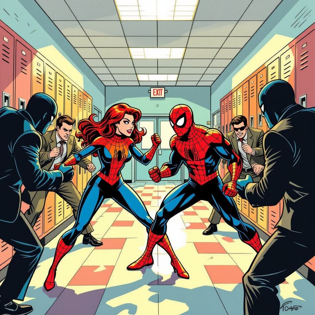 Spider-Woman and Spider-Man Fight Crime in Retro Comic Style