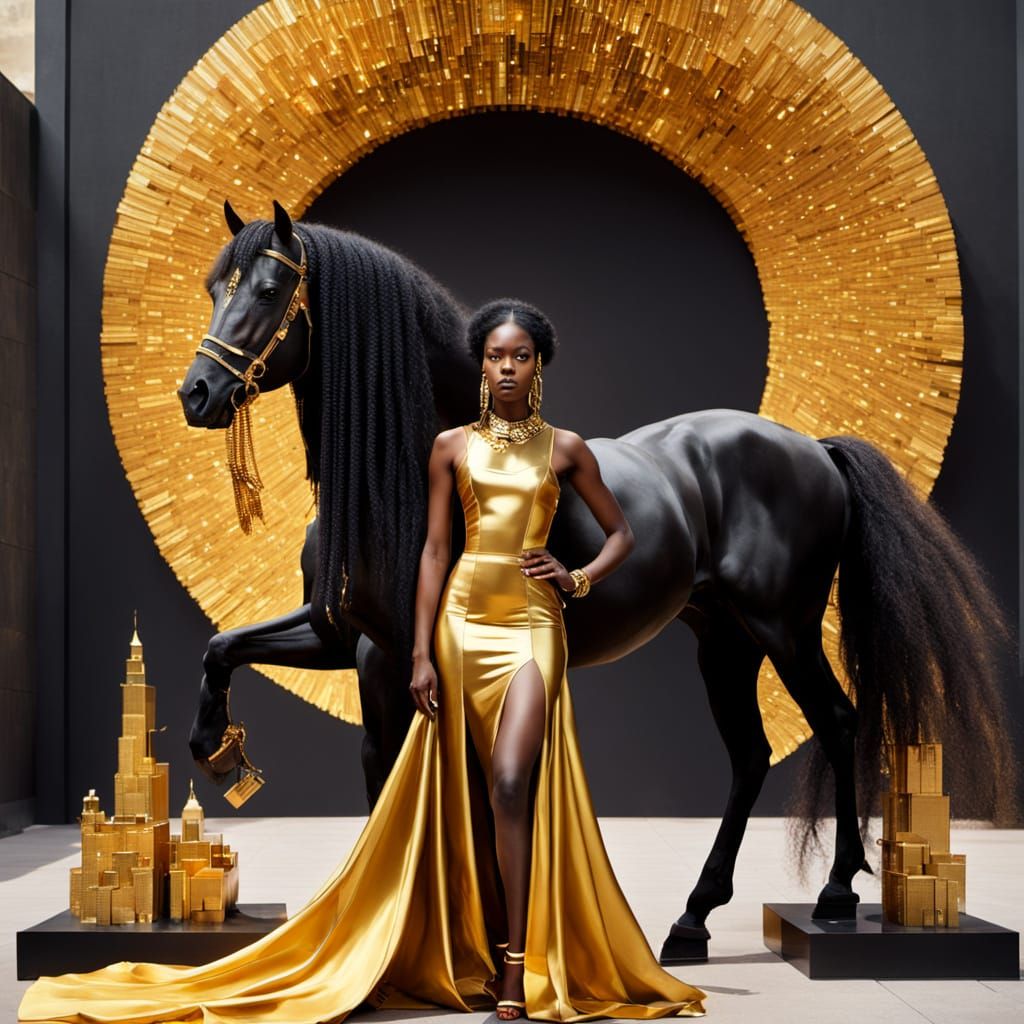 Golden Woman and Horse Amidst Liquid Gold