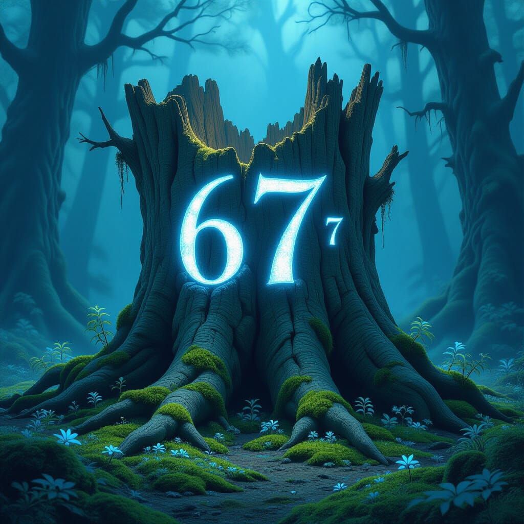 Ancient Tree Stump With Glowing Numbers 6 and 7