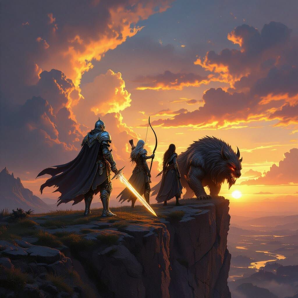 Epic Fantasy Landscape with Legendary Heroes