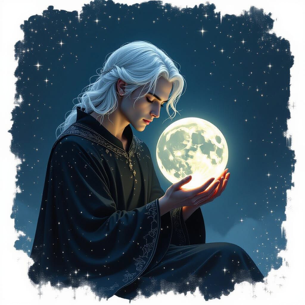 Luminous Man Cradling the Moon in Ethereal Darkness