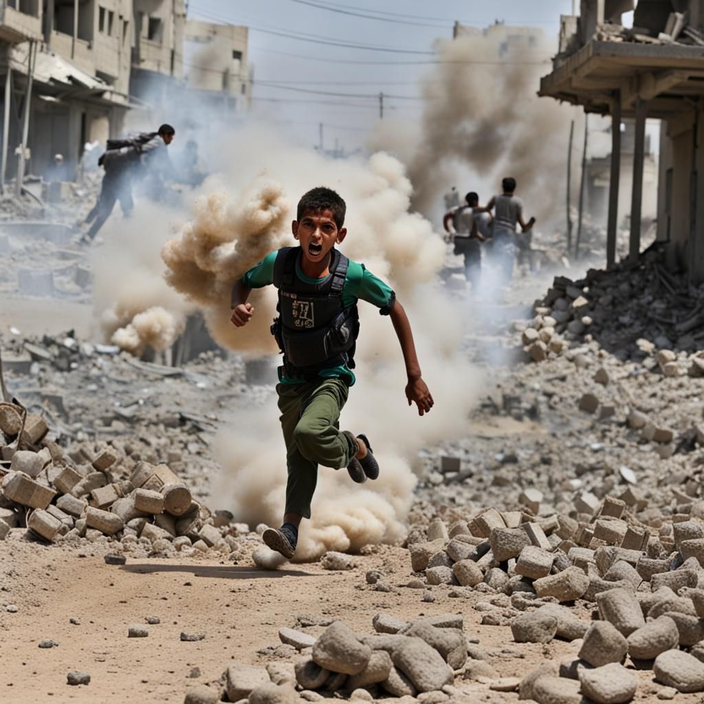 Palestinian Boy Fleeing Bombs with Kufiya