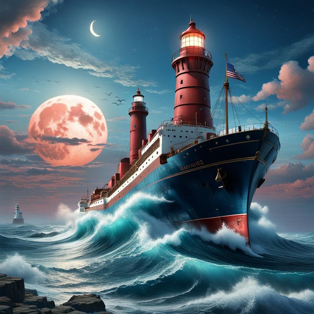 Cargo Ship at Sea Under Red Sky