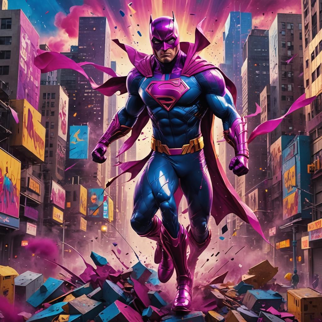 Superhero in Cityscape as Pop Art