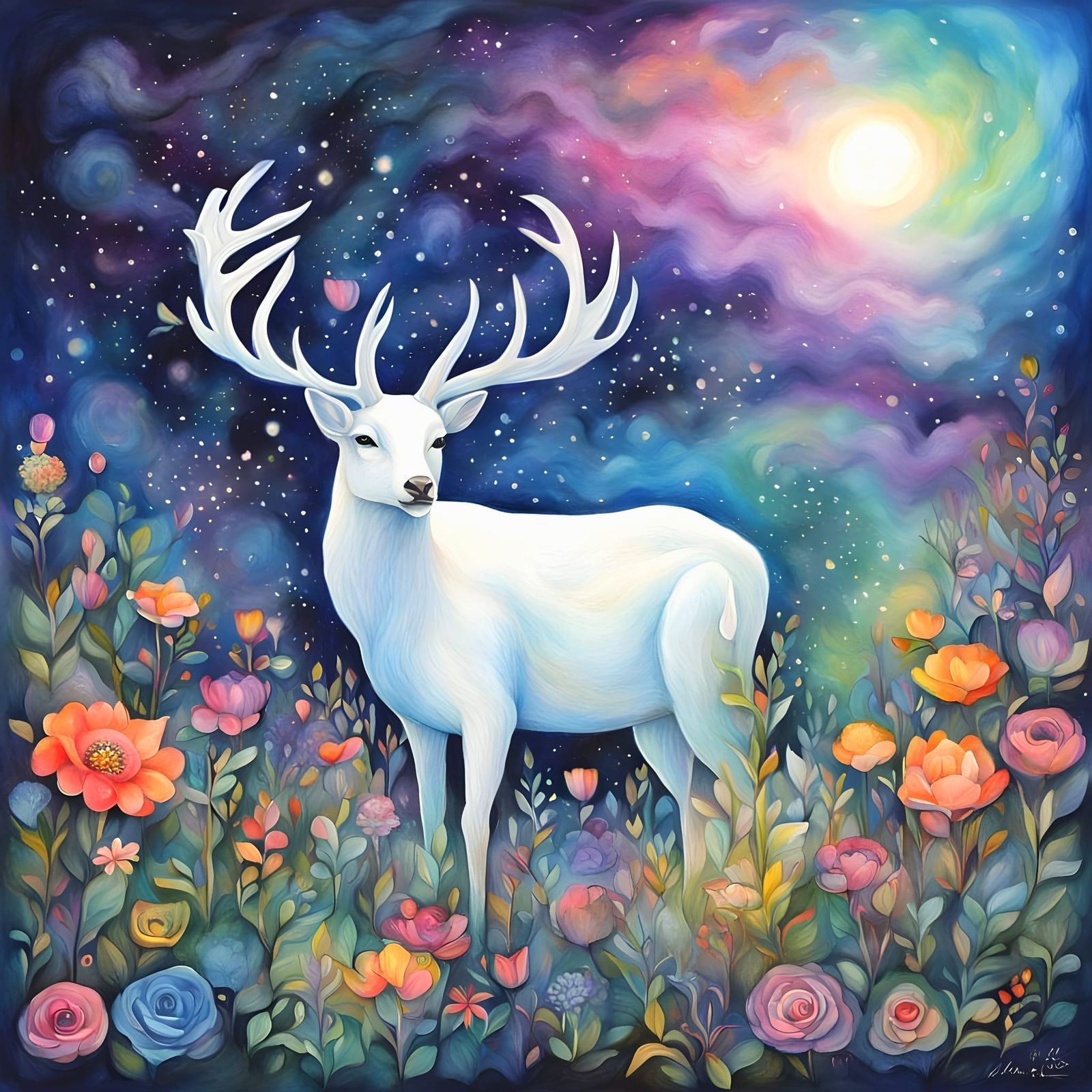 Serenely Beautiful Face Looks Down on a Blooming Garden