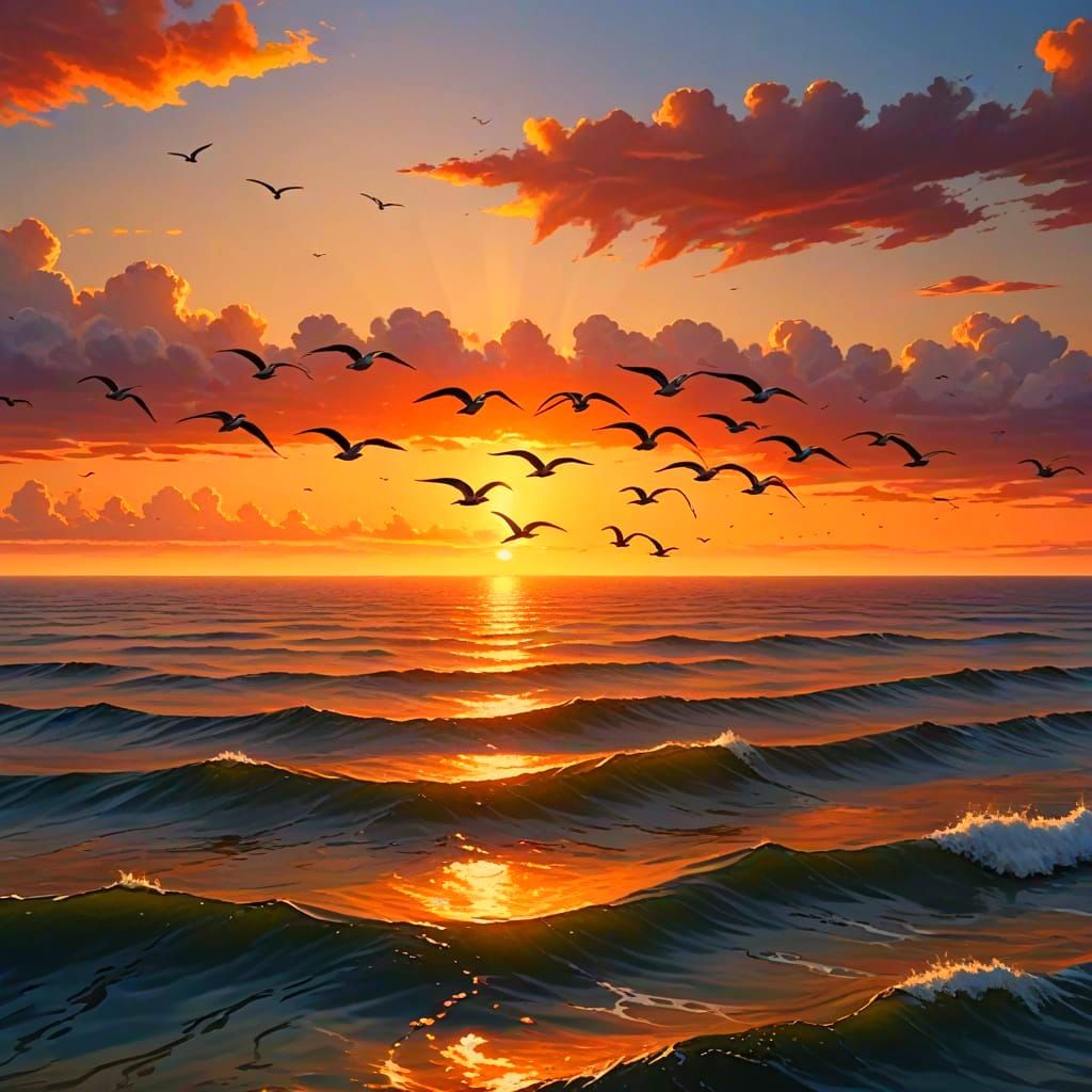 Realistic Sunset Over Ocean with Pelicans