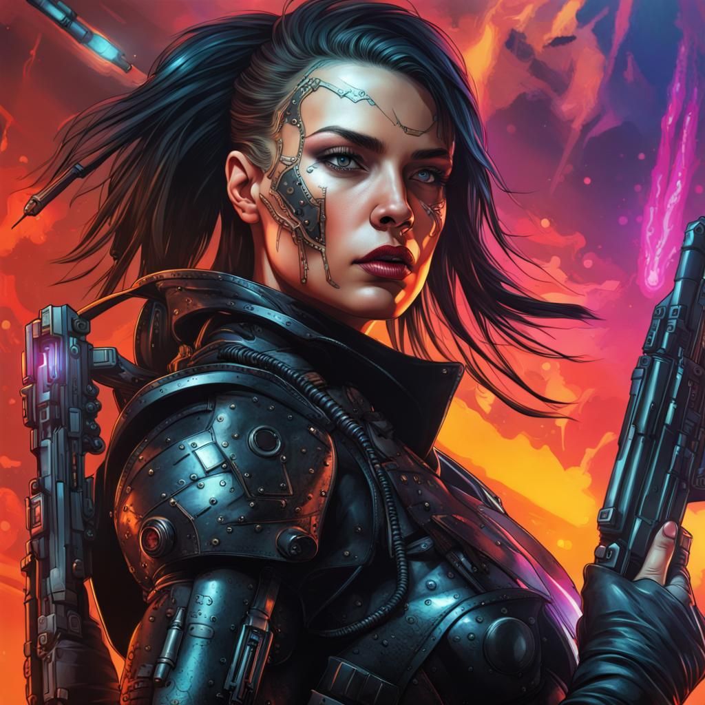 Cybernetic Female Warrior in a Sci-Fi Scene