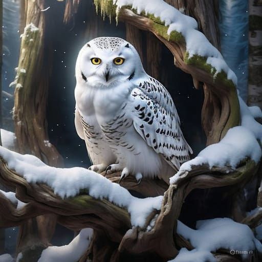 Majestic Snow Owl in Moonlit Forest: Wildlife Photography