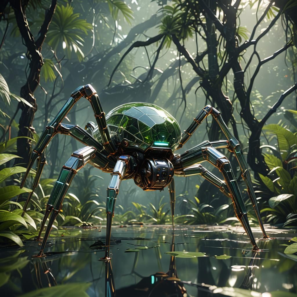Futuristic Glass Spider Drone in Jungle