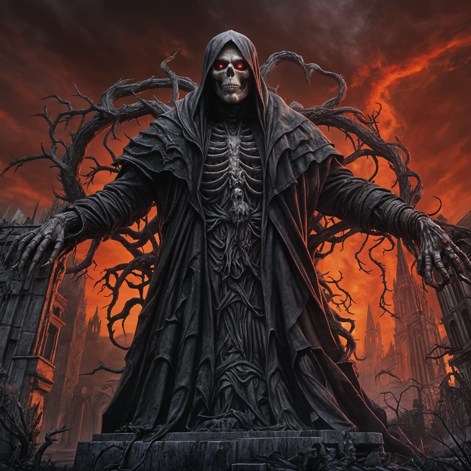 Gothic Skeletal Reaper Fused With Necropolis Cathedral