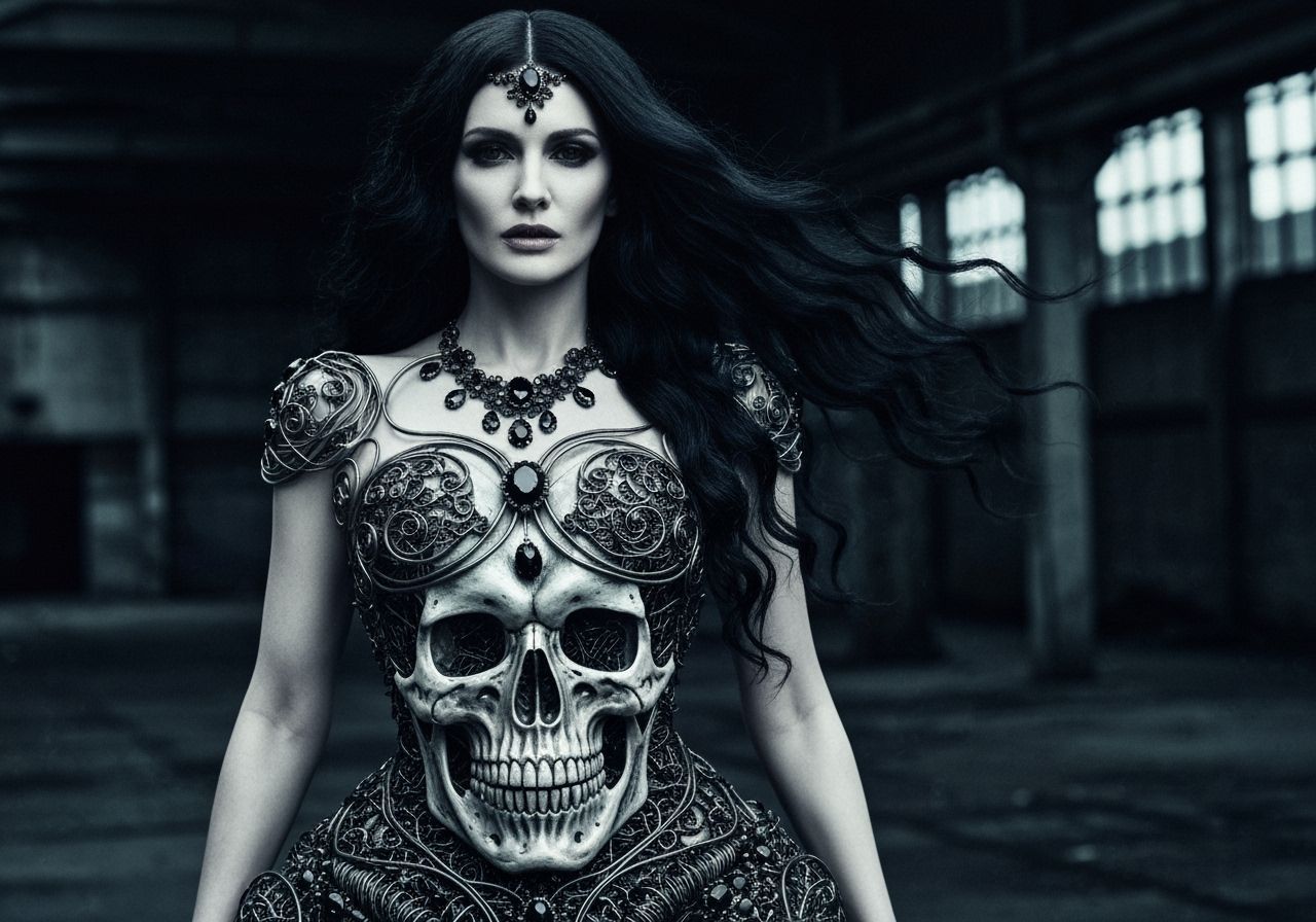 Woman in Skull Dress with Gothic Metalwork