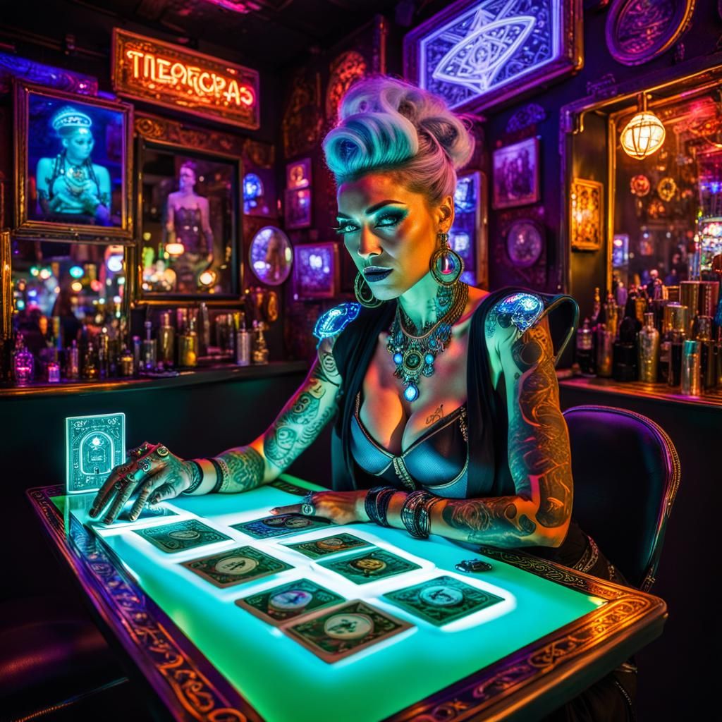 Steampunk Fortune Teller in Neon City, Hyperrealistic Photog...