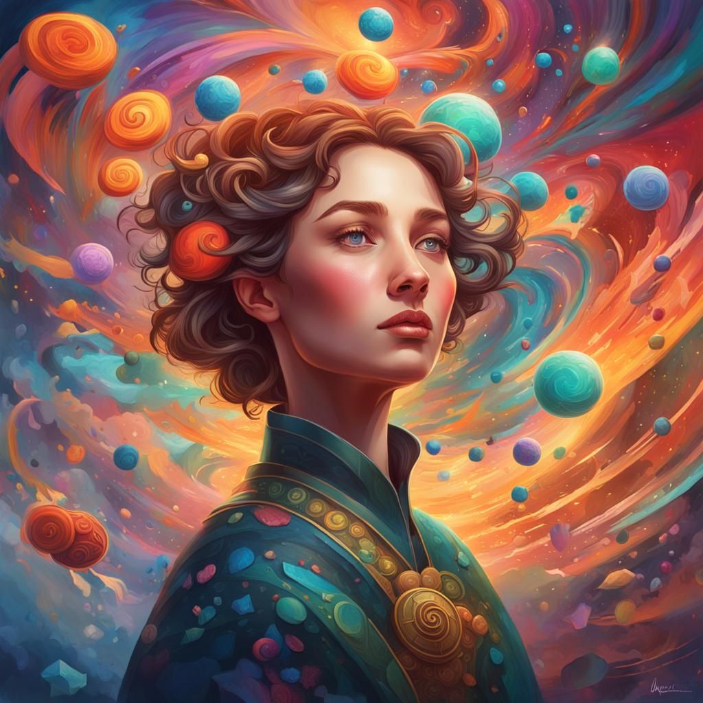 Paint a surreal dreamscape featuring a swirling vortex of luck symbols - from ladybugs to rainbows to shooting stars - a...