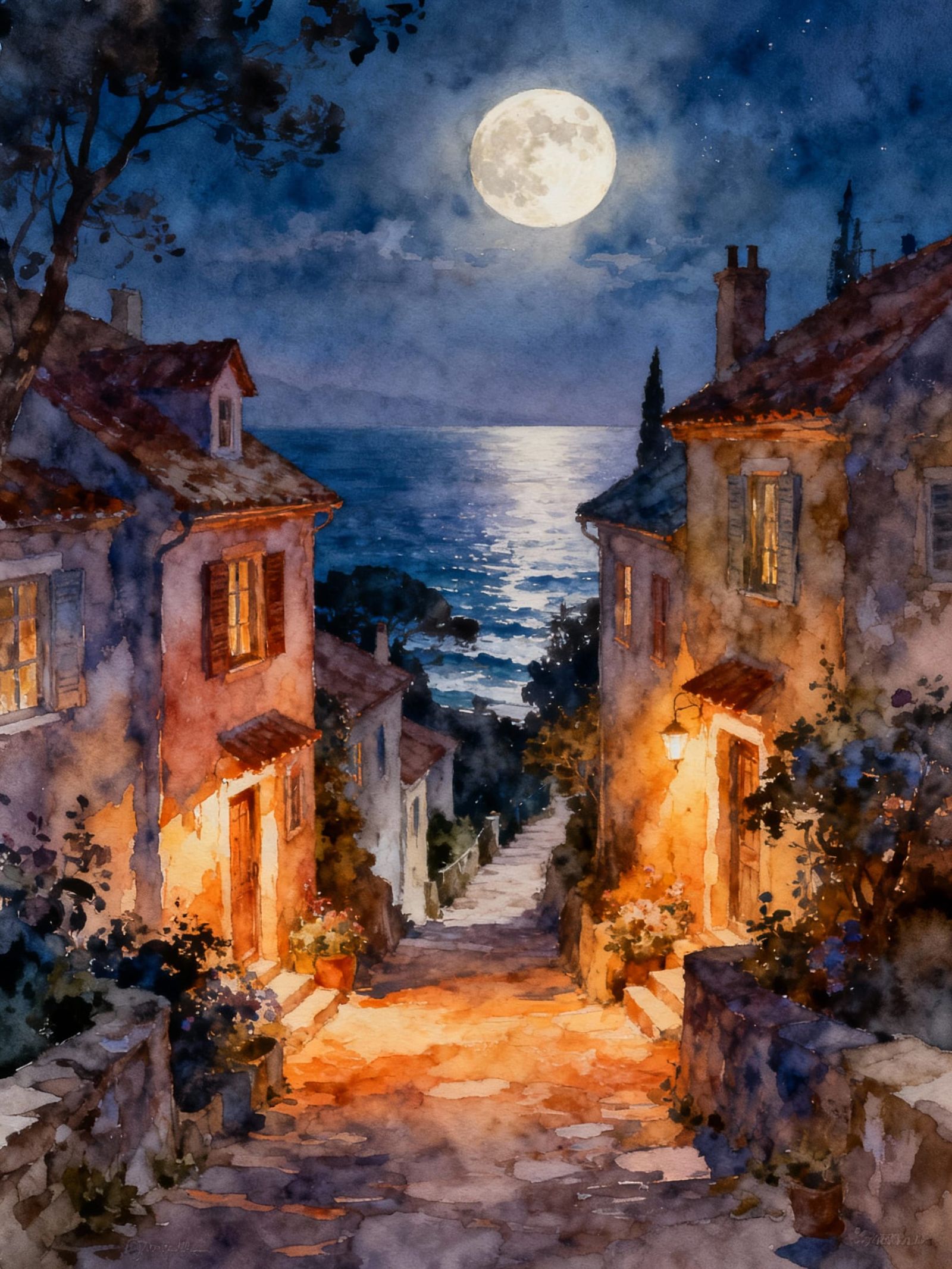 Watercolor Alleyway to Sea Under Full Moon