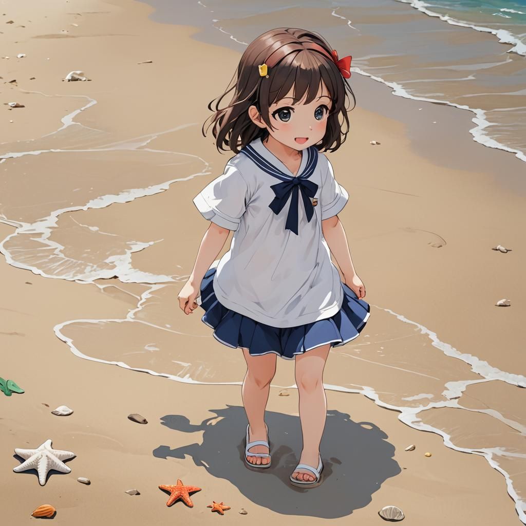 Cute Girl on Beach in Anime Style