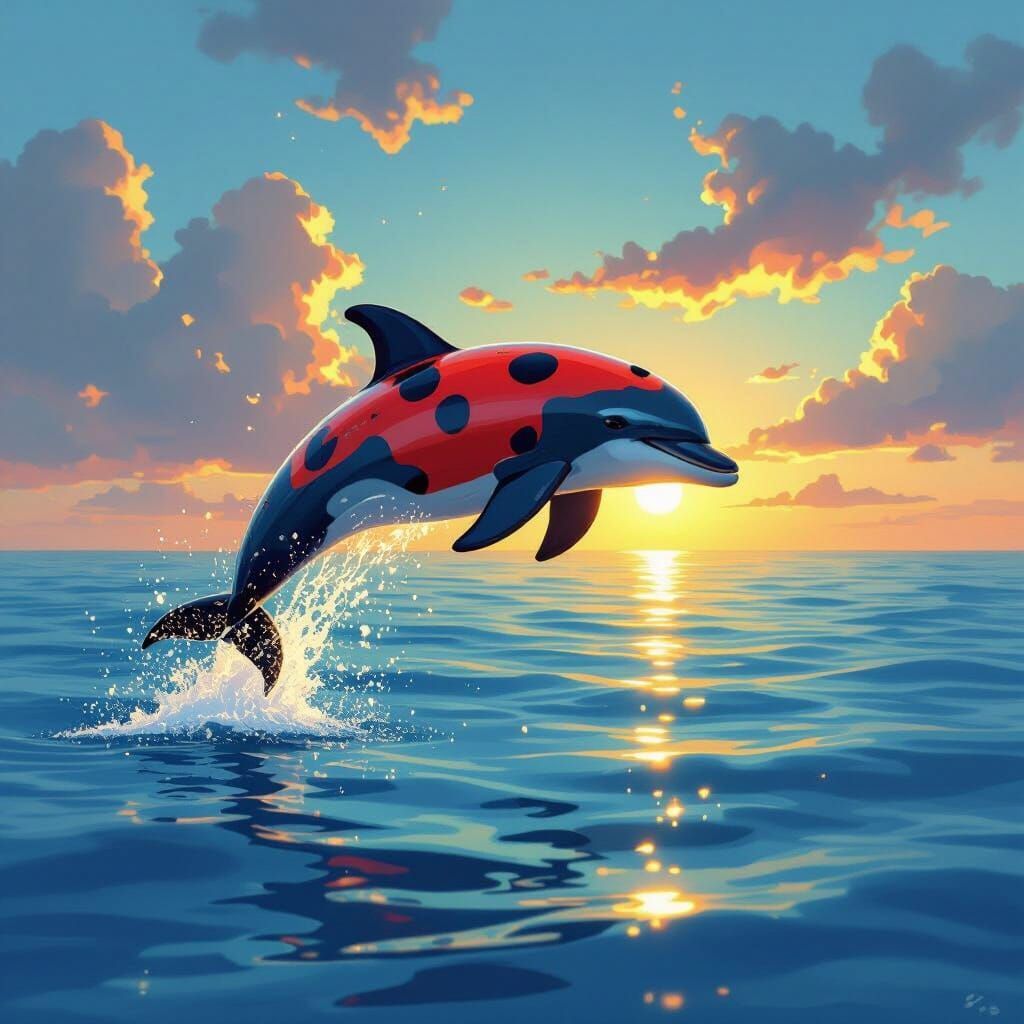 Ladybug Dolphin Leaps Over Blue Sea at Sunset