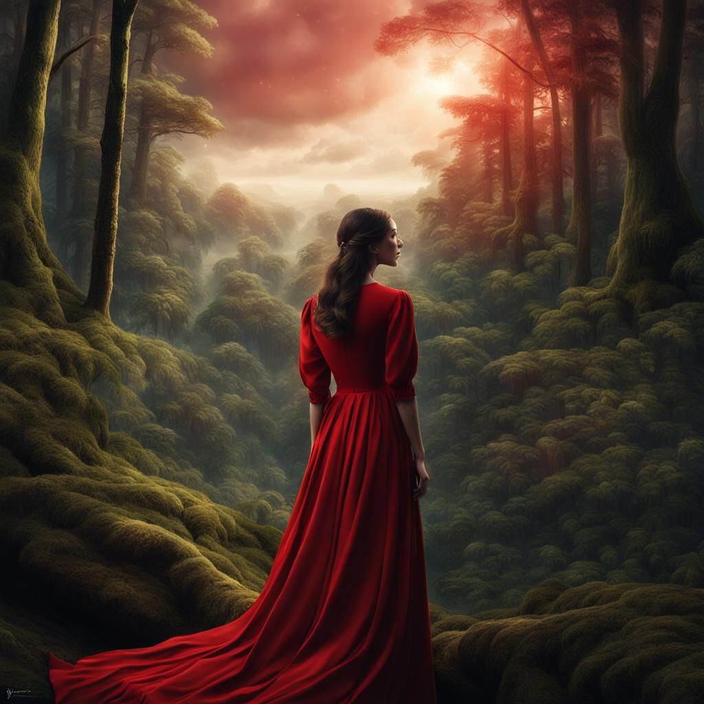 Woman in Red Dress in Detailed Forest