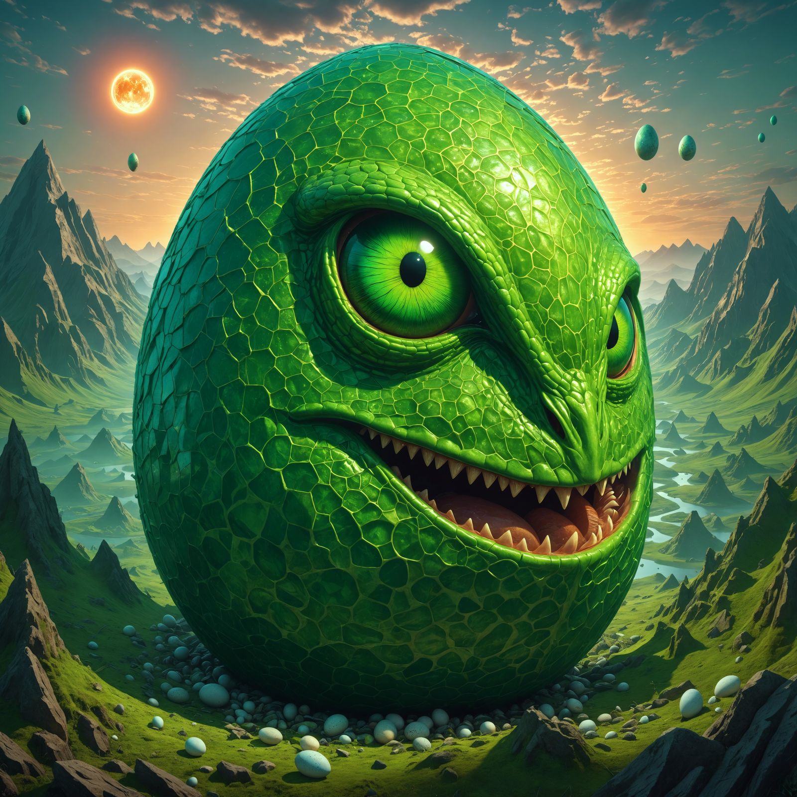 <lora:DreamLines:1.0> Chromatic Surrealism, a scary green-eyed heal monster hatching from an egg in a surreal landscape...
