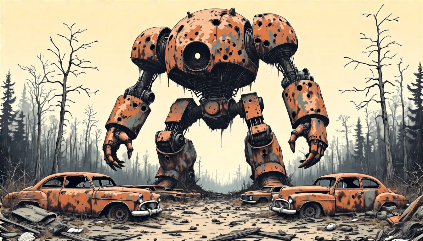Intricate Robot in Junkyard Landscape as Line Drawing