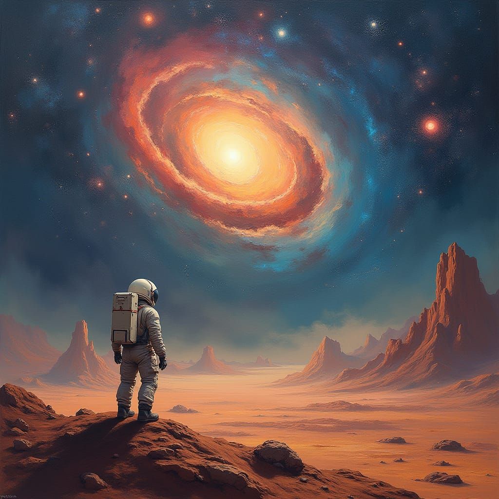 A lone astronaut stands on the surface of a distant planet, ...