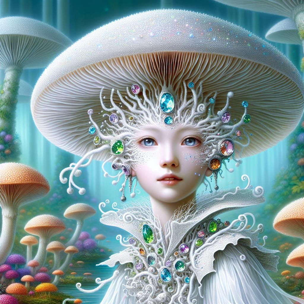 Albino Mushroom Girl with Gemstone Head, Digital Painting