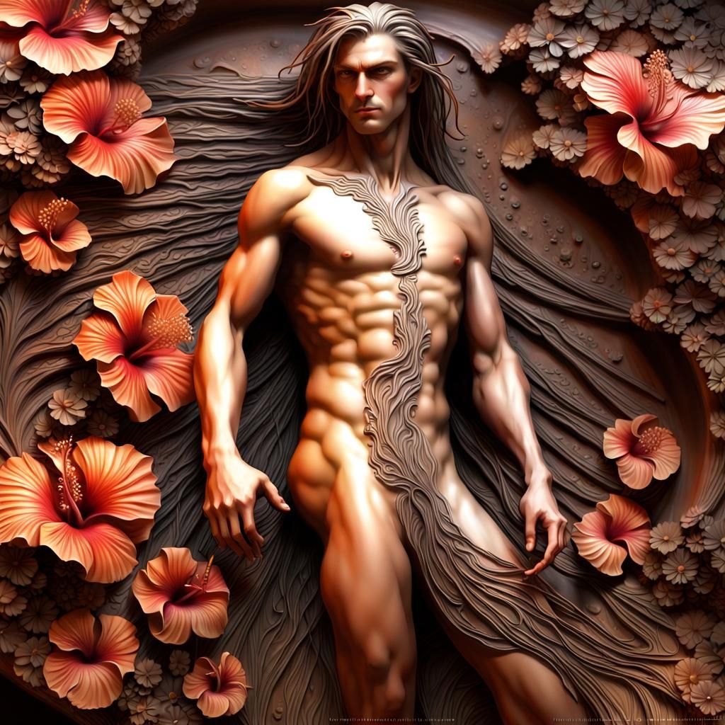 Earthy Male Sculpture with Floral Fractal Details