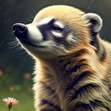 Whimsical Coati in Rainy Meadow, in Hyperrealistic Style