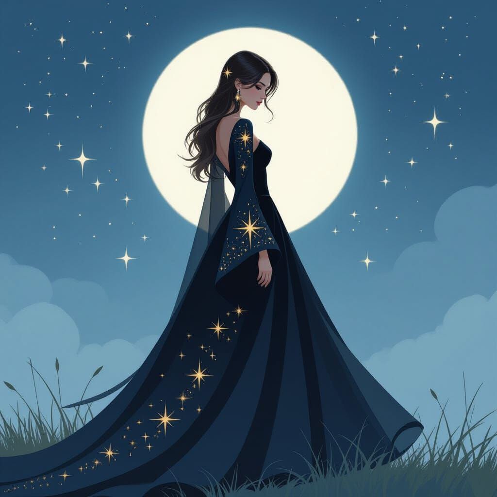Ethereal Woman in Starry Gown Under Moonlit Sky