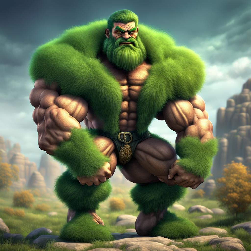 Muscular Bodybuilder in Green Land: Fantasy Art