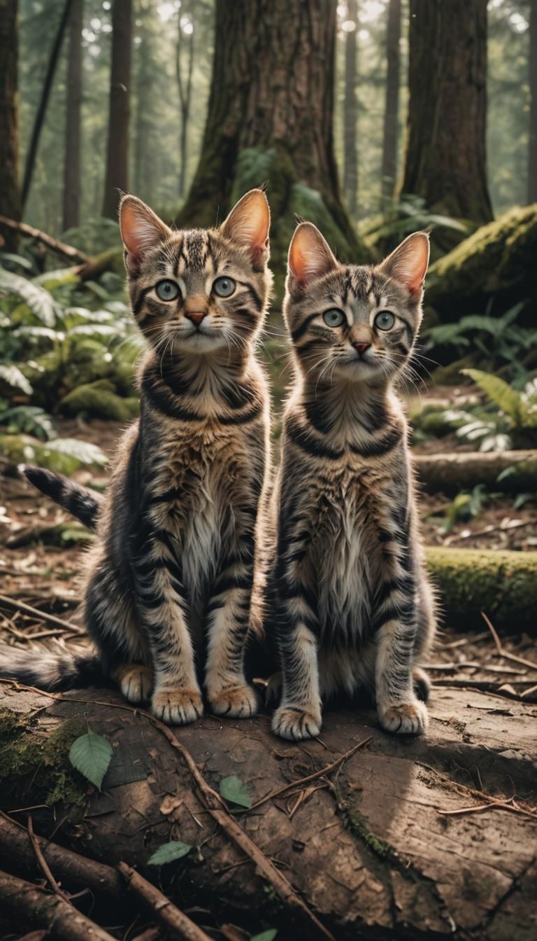 Kittens Reminiscing About Forest Adventure: Cinematic Still