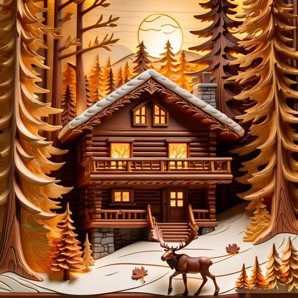 Autumn Cabin Wood Relief Carving in Golden Light