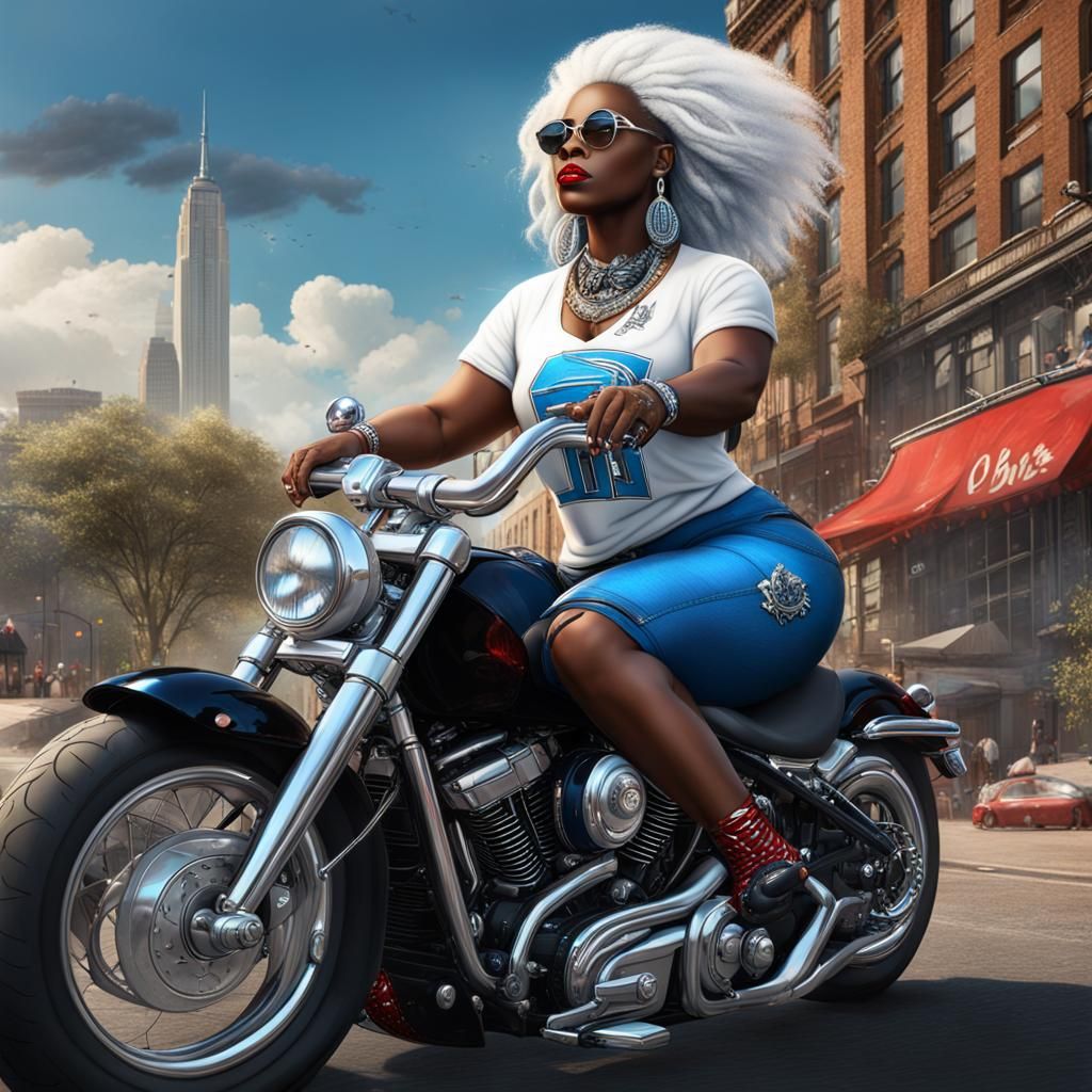 Curvy Woman with White Locs on Harley, Fantasy Art