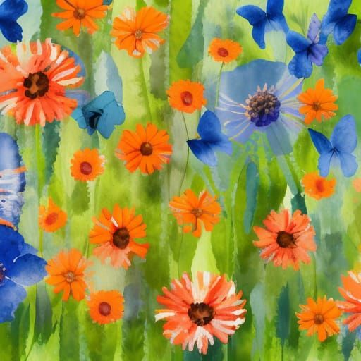 Blue and red flowers.