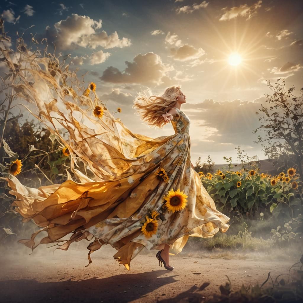 Woman in Sunflower Dress at Sunset