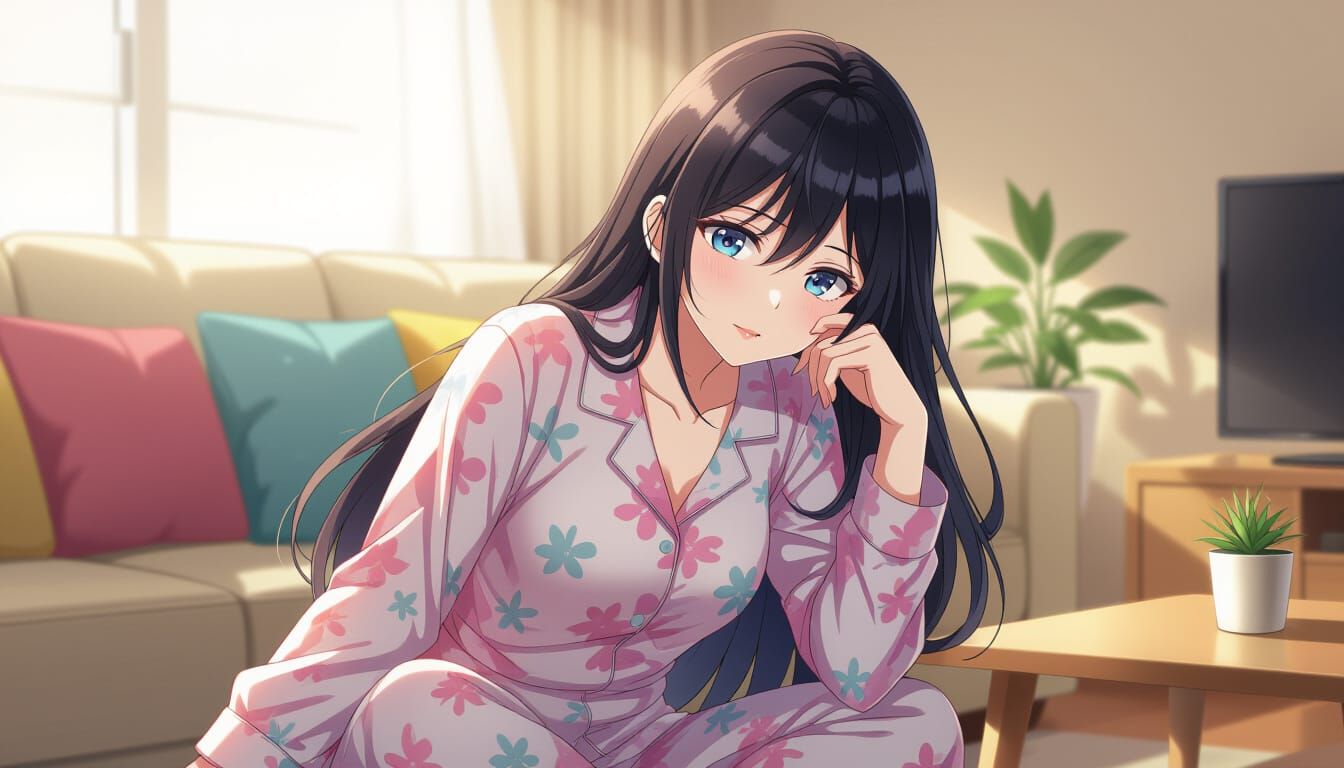 Anime Woman in Pajamas in Cozy Living Room