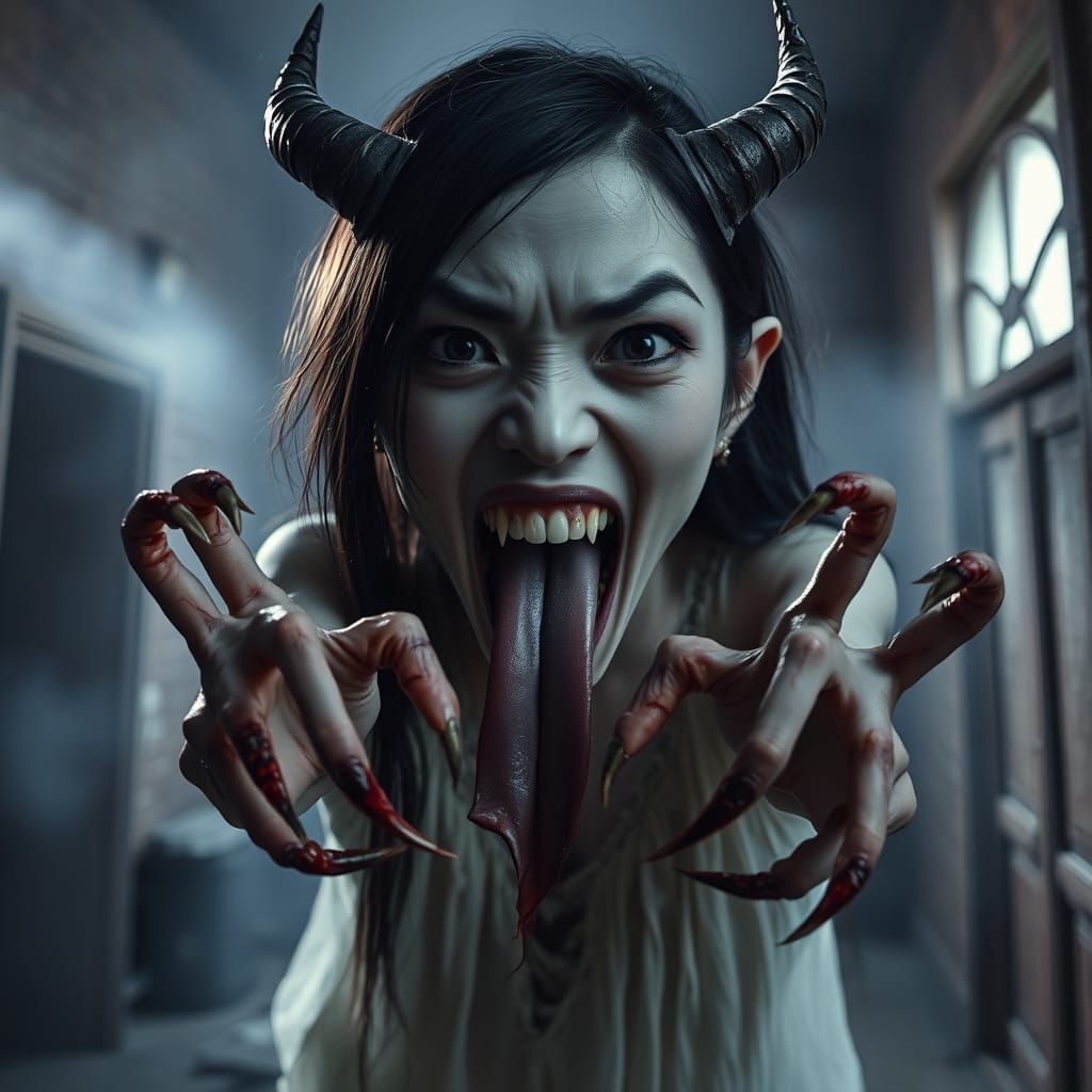 Fierce Demon Ghost Woman in Moonlit Night