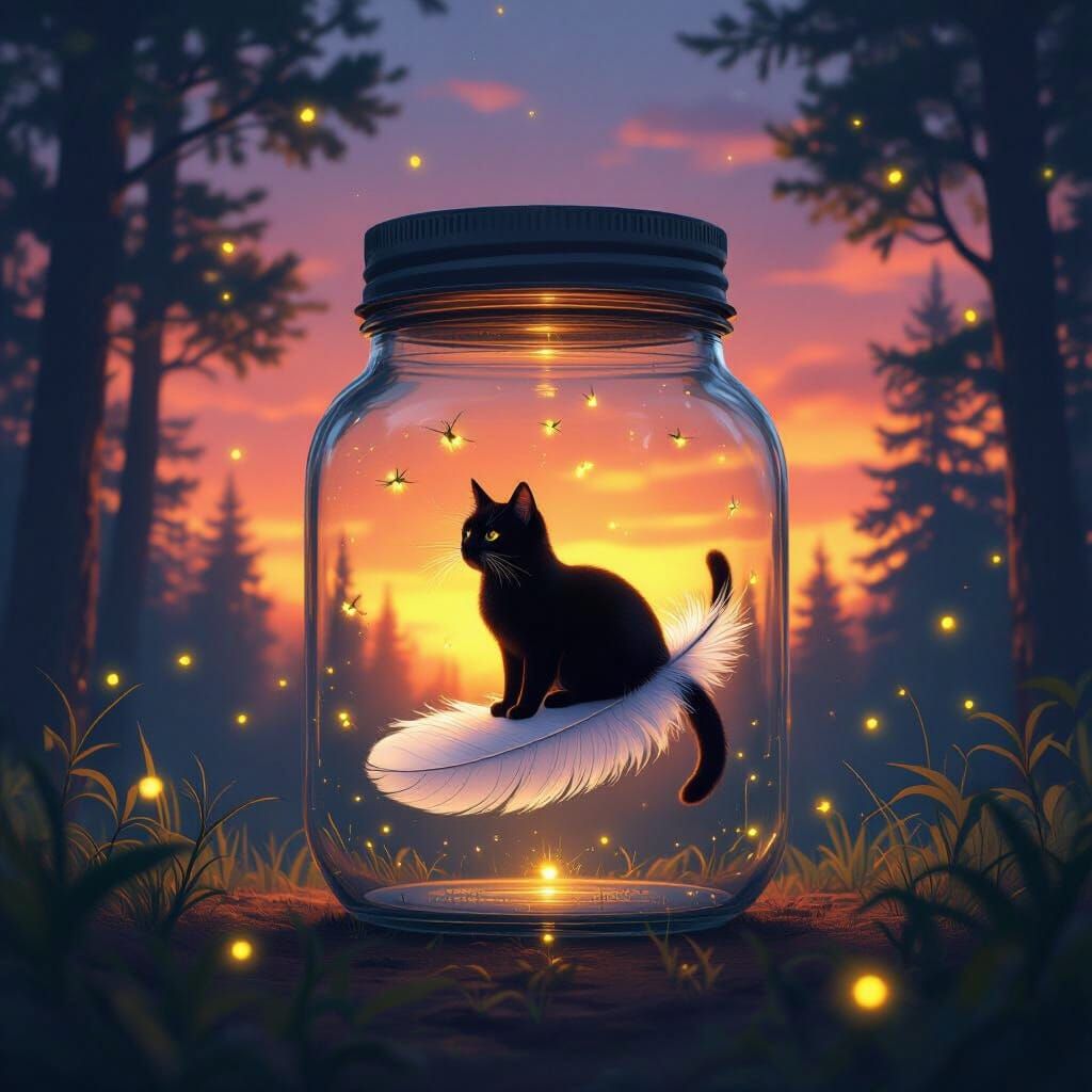 Black Cat on Feather in Jar with Fireflies and Sunset